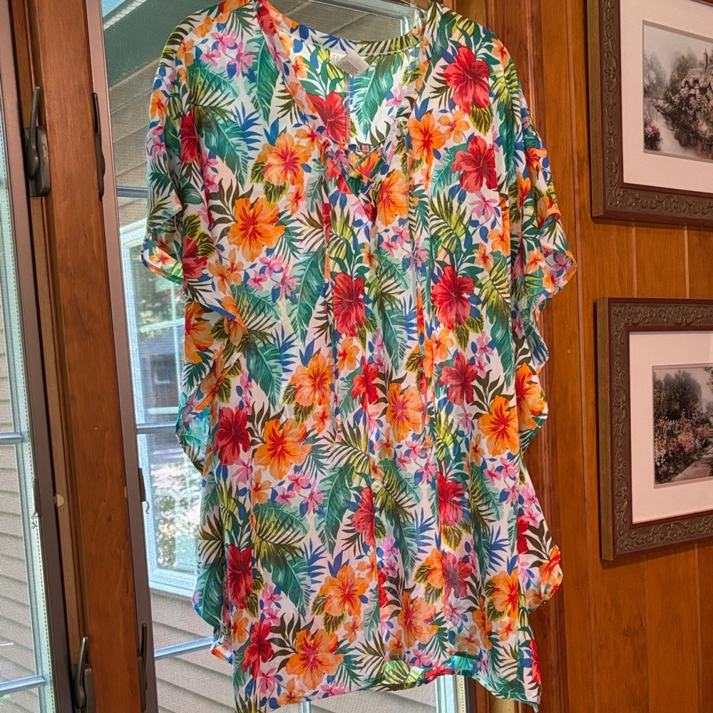 Time and Tru Floral Swim Coverup - Red, Orange, Green